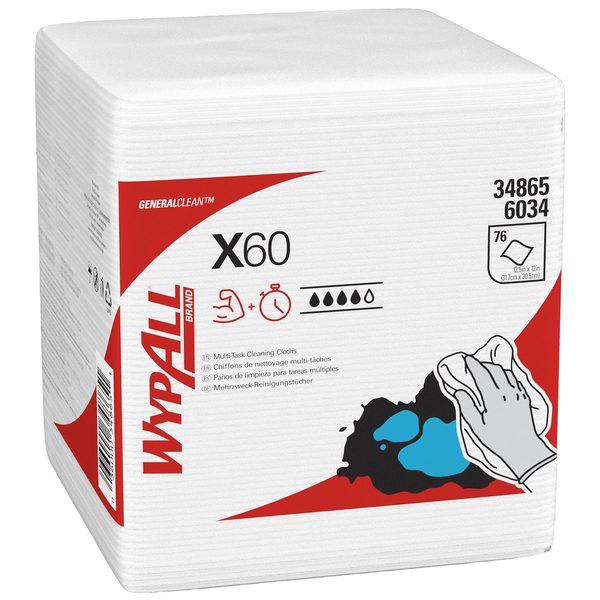 Dry Wipe, X60, 1/4 Fold Poly Wrapped, Hydroknit, 12 in x 12 1/2 in, 12 Pack