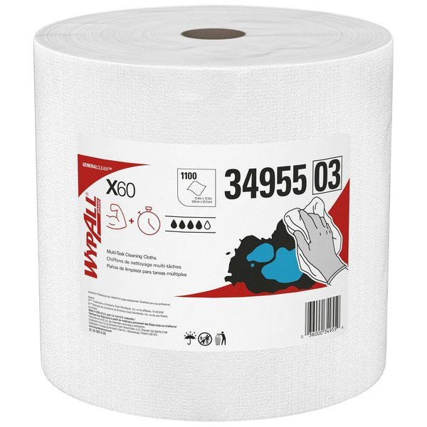 Dry Wipe Roll, X60, Jumbo Perforated Roll, Hydroknit, 12 1/2 x 13 1/2 in, 1100 Sheets, White