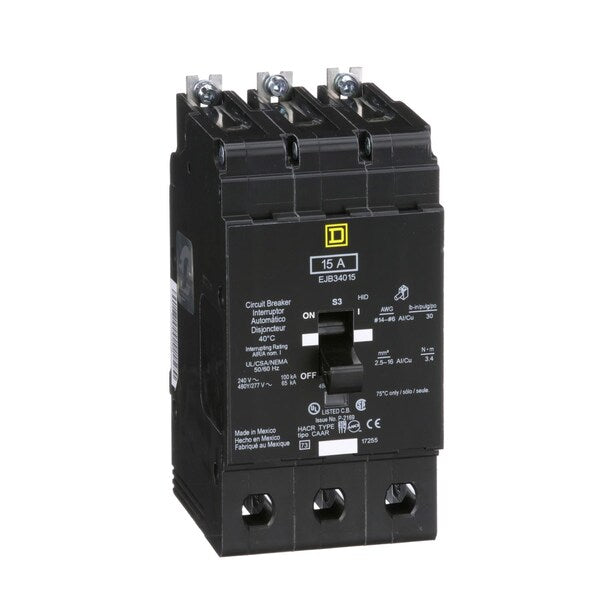 E Frame, circuit breaker, 15 A, 3 pole, , 15 A, 480Y/277V AC, 3 Pole, Bolt-On Mounting Style, EJB Series