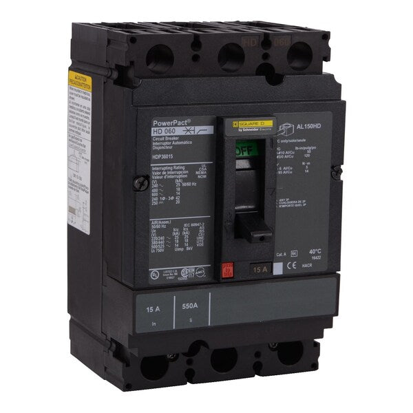 Circuit Brkr, PowerPact H, thermal magne, 15 A, 690V AC, 3 Pole, Unit Mount Lug Mounting Style