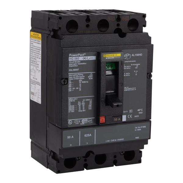 Circuit breaker, PowerPact H, thermal ma, 50 A, 690V AC, 3 Pole, Unit Mount Lug Mounting Style