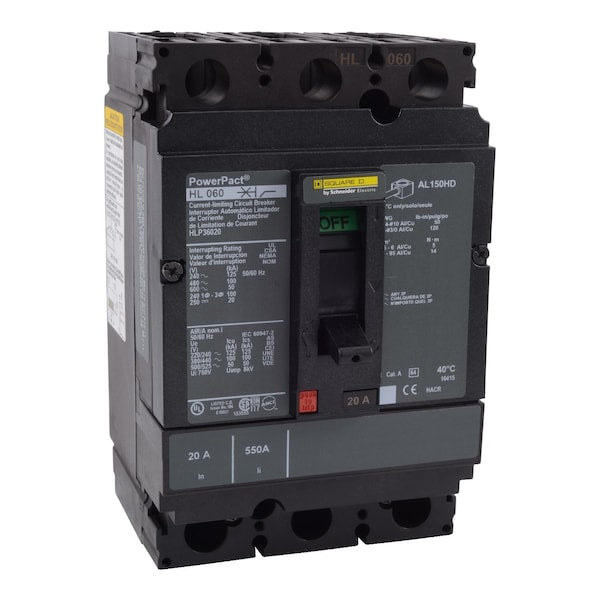 Circuit Brkr, PowerPact H, thermal magne, 60 A, 690V AC, 3 Pole, Unit Mount Lug Mounting Style