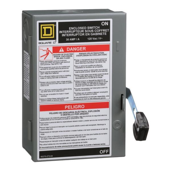 Fusible Single Throw Safety Switch, Light Duty, 120V AC, 1PST, 30 A
