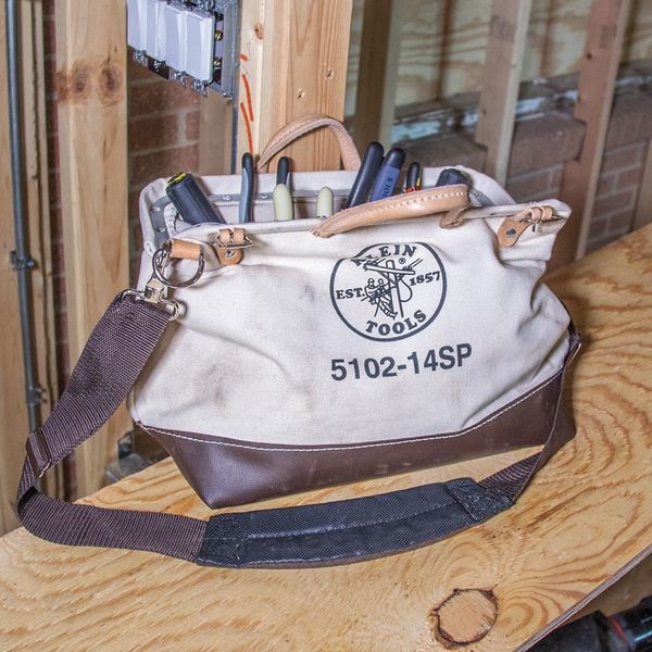 Wide-Mouth Tool Bag, Heavy Duty Canvas, 10 Pockets, Brown/Tan