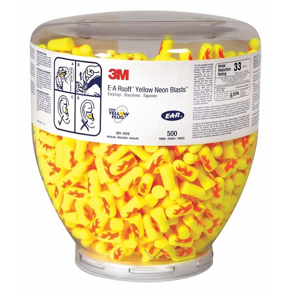 E-A-Rsoft Blast Ear Plugs Dispenser Refill, Bullet Shape, NRR 33 dB, Yellow, M, 500 Pairs