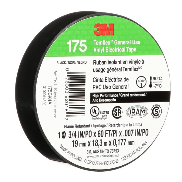 Elec Tape, 60 ft Lx3/4 in W, 7 mil, Black
