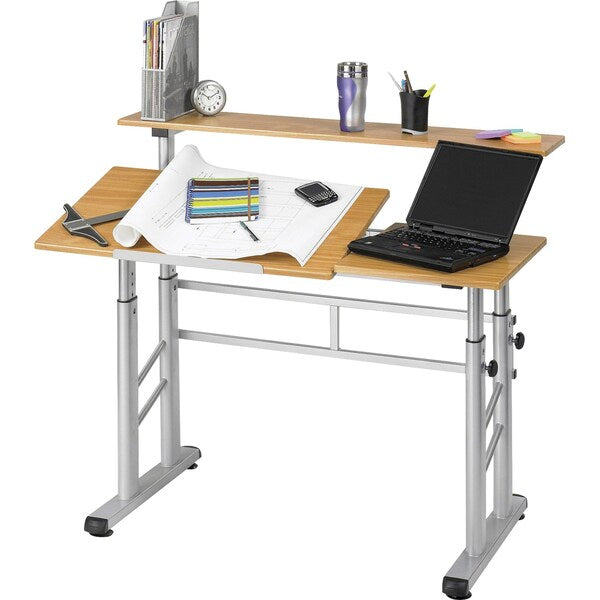 Rectangle Split Level Drafting Table, 47.25 X 29.75 X 37.25, Woodgrain Melamine Top, Medium Oak