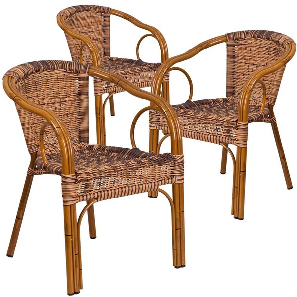 3Pack Brown Rattan Patio Chair with Dark Red Frame