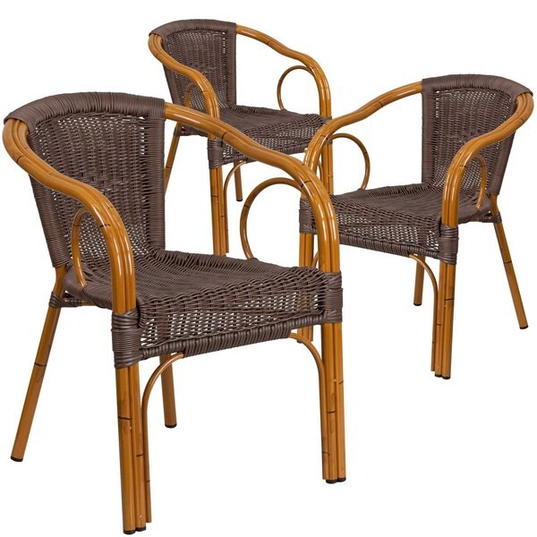 3Pack Dark Brown Rattan Patio Chair with Red Frame