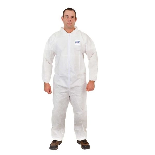 Collared Disposable Coveralls, 25 PK, White, Laminated Nonwoven, Zipper