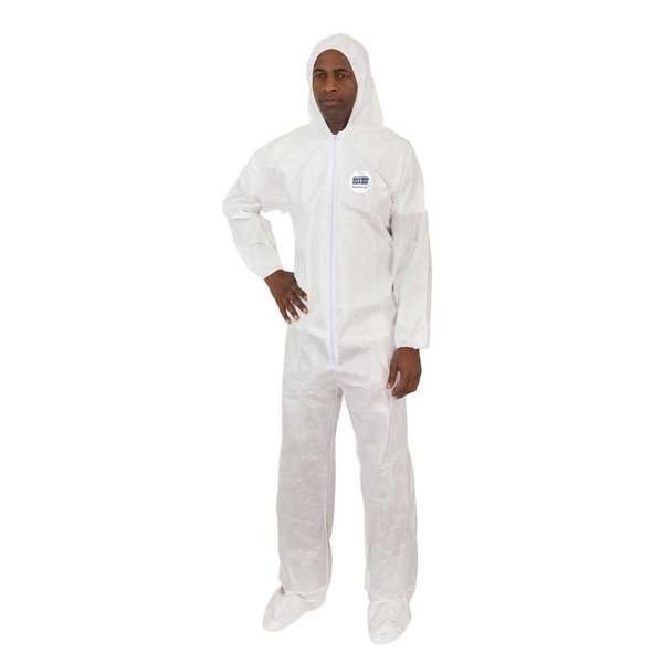 Hooded Disposable Coveralls, 3XL, 25 PK, White, Laminated Nonwoven, Zipper