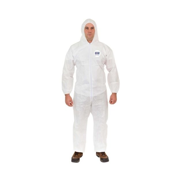 Hooded Disposable Coveralls, 25 PK, White, Laminated Nonwoven, Zipper