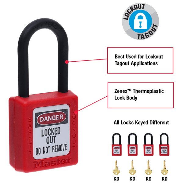 Lockout Padlock, Keyed Different, Thermoplastic, 1 1/2 in Shackle, Polypropylene, English, Red