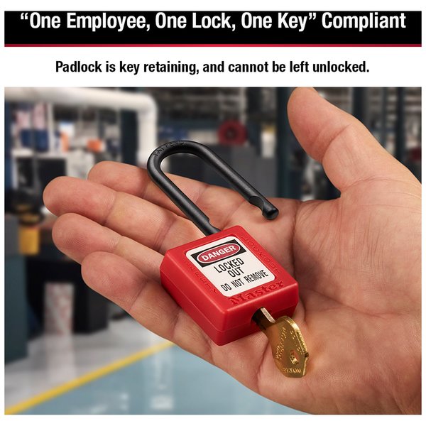 Lockout Padlock, Keyed Different, Thermoplastic, 1 1/2 in Shackle, Polypropylene, English, Red