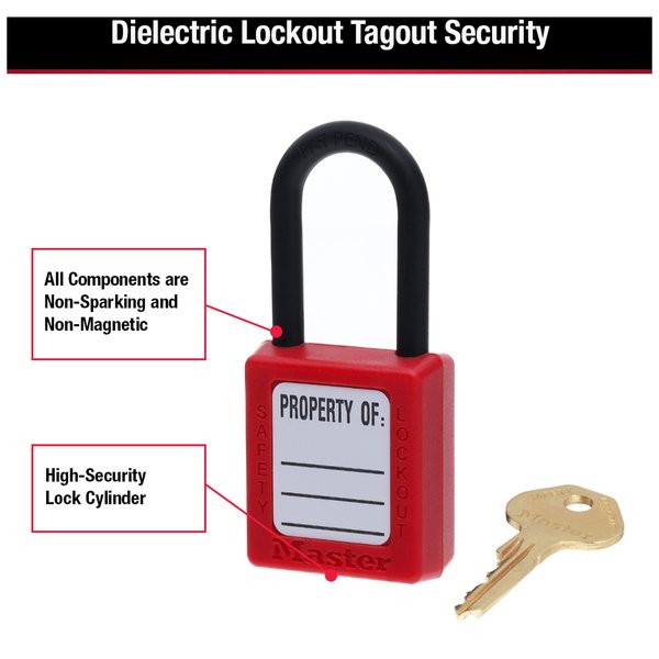 Lockout Padlock, Keyed Different, Thermoplastic, 1 1/2 in Shackle, Polypropylene, English, Red