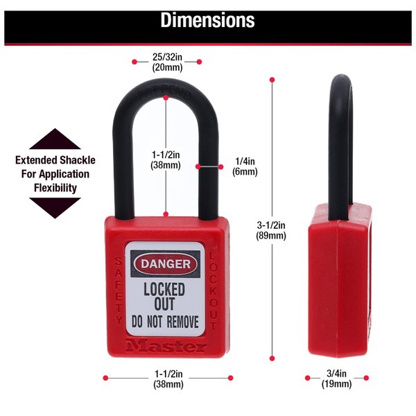 Lockout Padlock, Keyed Different, Thermoplastic, 1 1/2 in Shackle, Polypropylene, English, Red