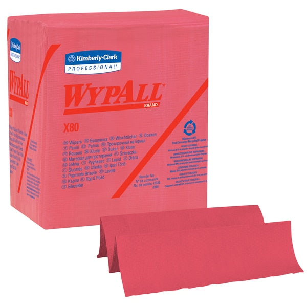 Dry Wipe, Red, 1/4 Fold Poly Wrapped, Hydroknit, Multipurpose, Industry, Rough Surface, 4 PK