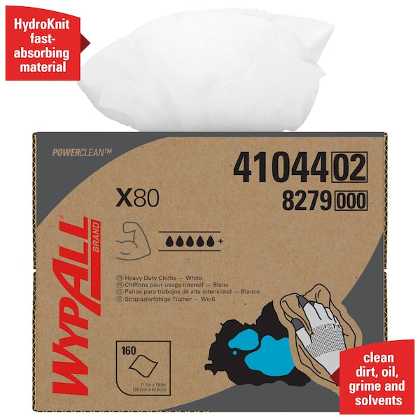 Dry Wipe, X80, Box, Super Heavy Absorbency, Hydroknit, 11 in x 16 3/4 in, 160 Sheets, White