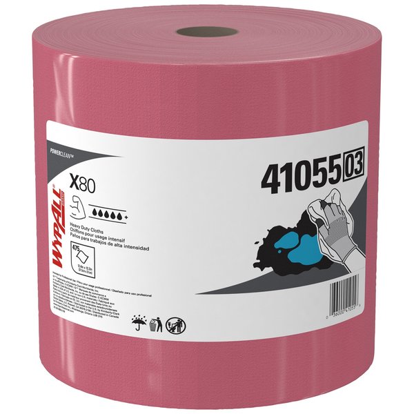 PowerClean X80 Heavy Duty Cloths, Jumbo Roll, Ext Use Towels, Red, 475 Sheets, 12.4 in x 12.2 in
