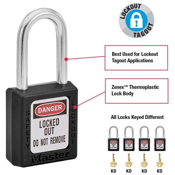 Zenex Thermoplastic Safety Padlock, 1-1/2 in Wide with 1-1/2 in Shackle, Black