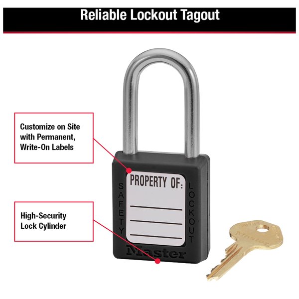 Zenex Thermoplastic Safety Padlock, 1-1/2 in Wide with 1-1/2 in Shackle, Black