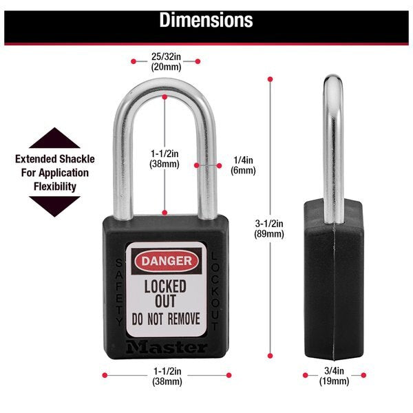 Zenex Thermoplastic Safety Padlock, 1-1/2 in Wide with 1-1/2 in Shackle, Black