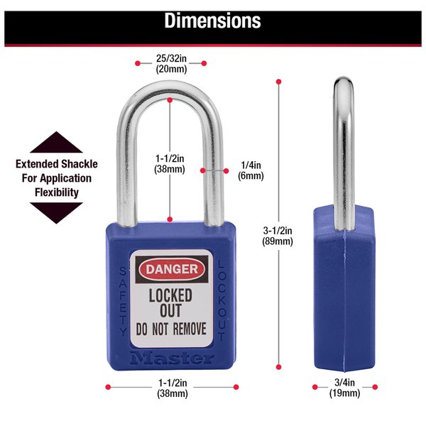 Zenex Thermoplastic Safety Padlock, 1-1/2 in Wide with 1-1/2 in Shackle, Blue