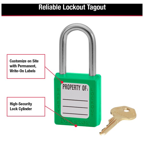 Zenex Thermoplastic Safety Padlock, 1-1/2 in Wide with 1-1/2 in Shackle, Green