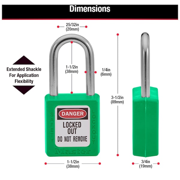 Zenex Thermoplastic Safety Padlock, 1-1/2 in Wide with 1-1/2 in Shackle, Green
