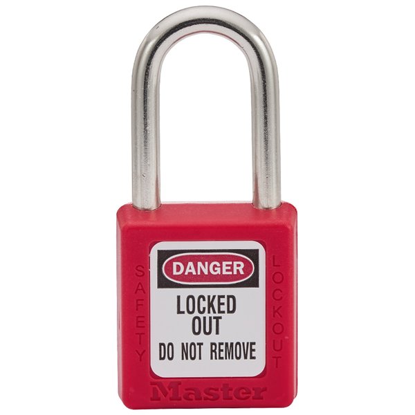 Lockout Padlock, Keyed Different, Thermoplastic, 1 1/2 in Shackle, Customizable Labels, Red