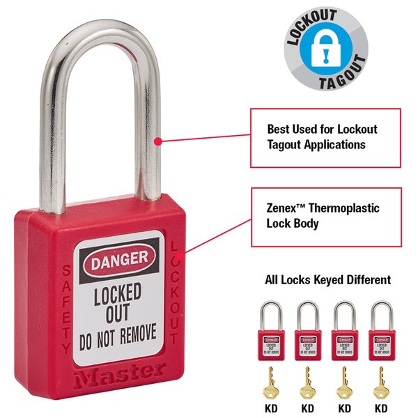 Lockout Padlock, Keyed Different, Thermoplastic, 1 1/2 in Shackle, Customizable Labels, Red