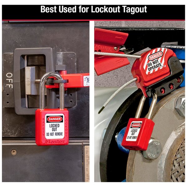Lockout Padlock, Keyed Different, Thermoplastic, 1 1/2 in Shackle, Customizable Labels, Red