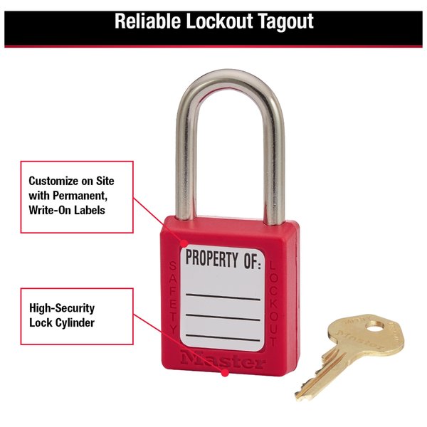 Lockout Padlock, Keyed Different, Thermoplastic, 1 1/2 in Shackle, Customizable Labels, Red
