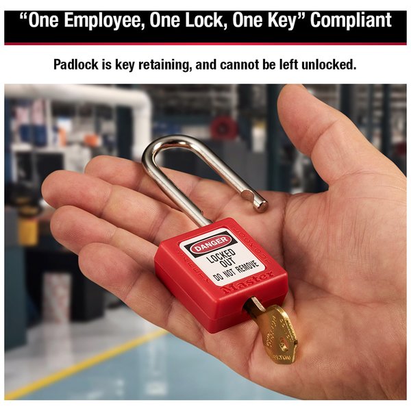 Lockout Padlock, Keyed Different, Thermoplastic, 1 1/2 in Shackle, Customizable Labels, Red
