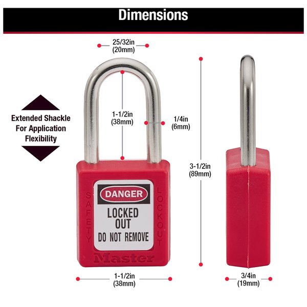 Lockout Padlock, Keyed Different, Thermoplastic, 1 1/2 in Shackle, Customizable Labels, Red