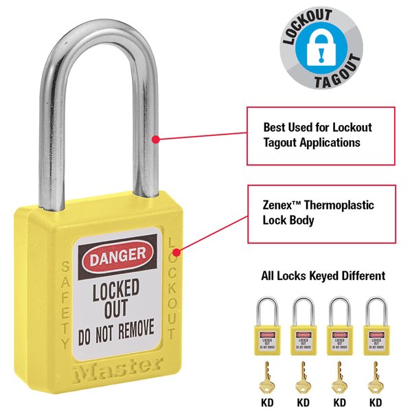 Zenex Thermoplastic Safety Padlock, 1-1/2 in Wide with 1-1/2 in Tall Shackle, Yellow