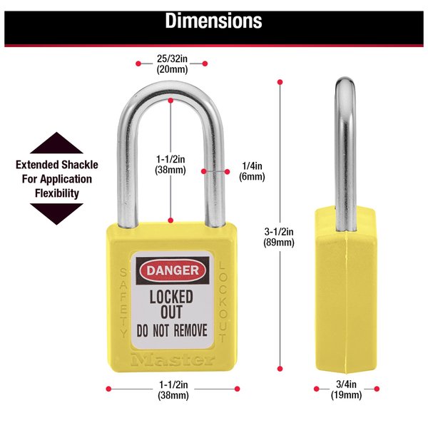 Zenex Thermoplastic Safety Padlock, 1-1/2 in Wide with 1-1/2 in Tall Shackle, Yellow