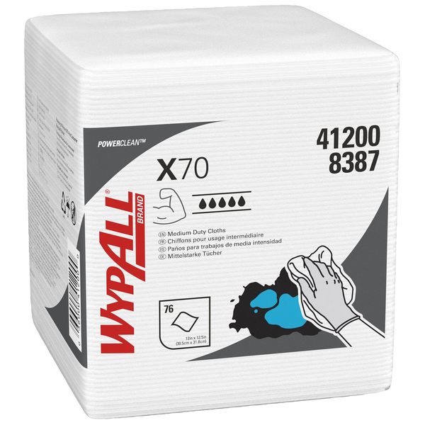 Dry Wipe, X70, 76 Sheets, 1/4 Fold, Heavy Absorb, Hydroknit, 12 in x 12 1/2 in, White, 12 Pack