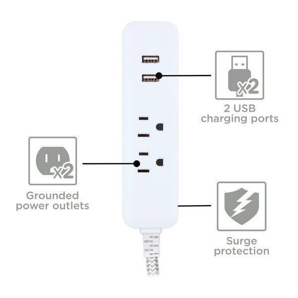 Ext Cord 2 Outlet 10Ft 250J 2USB 2.4A