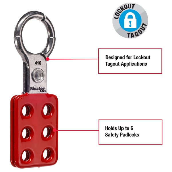 Lockout Tagout Safety Hasp, Snap-On, 1 in Jaw Clearance, Aluminum, Red