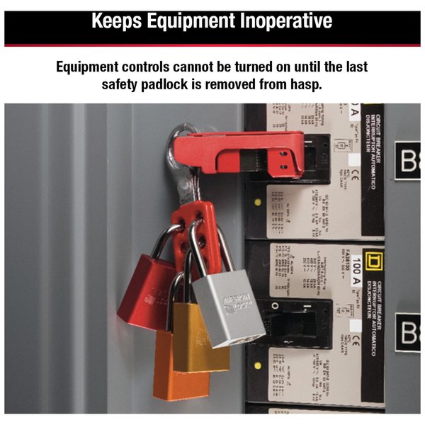Lockout Tagout Safety Hasp, Snap-On, 1 in Jaw Clearance, Aluminum, Red