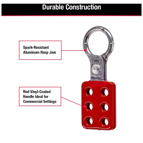 Lockout Tagout Safety Hasp, Snap-On, 1 in Jaw Clearance, Aluminum, Red