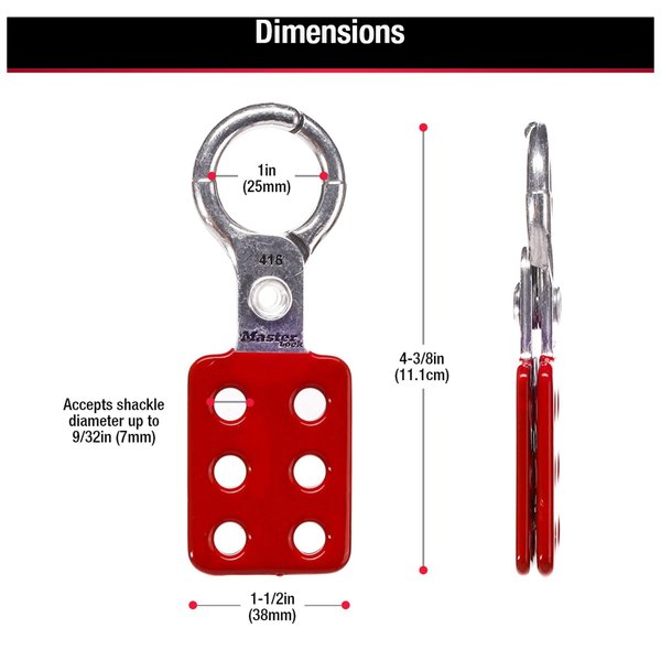 Lockout Tagout Safety Hasp, Snap-On, 1 in Jaw Clearance, Aluminum, Red