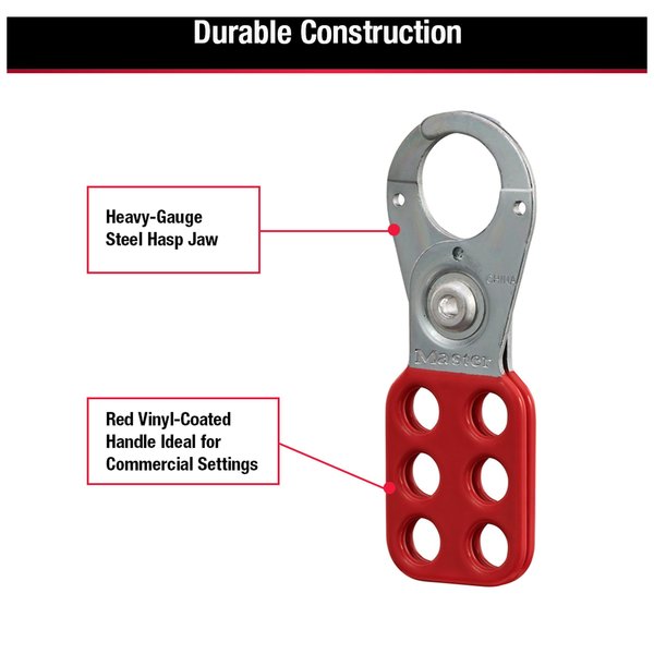 Lockout Tagout Hasp with Vinyl-Coated Handle, 1 in Jaw Clearance, Steel, Red