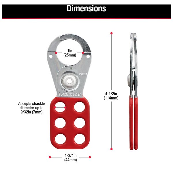 Lockout Tagout Hasp with Vinyl-Coated Handle, 1 in Jaw Clearance, Steel, Red