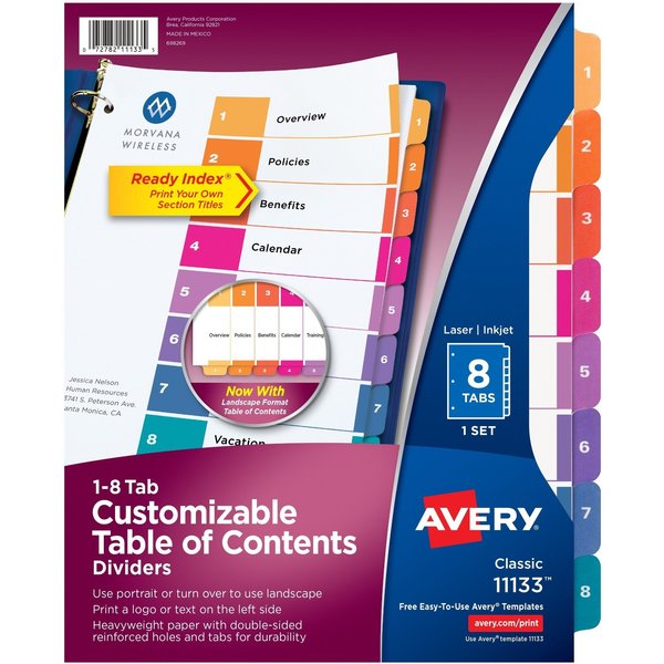 AveryÂ® Ready IndexÂ® Table of Contents Dividers 11133, 8-Tab Set