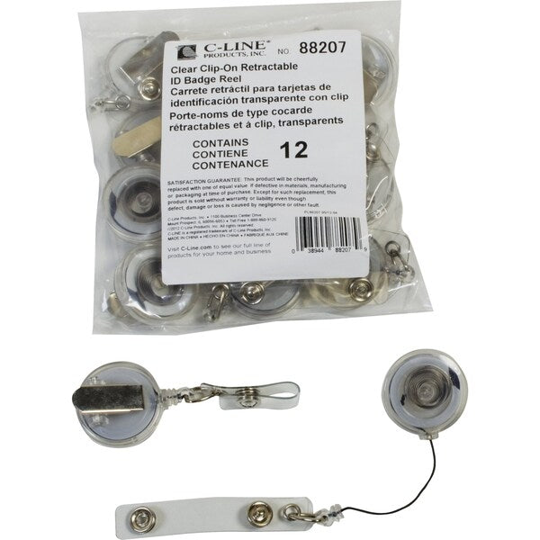Retract Badge Reel, Clip-On, Clear, PK12