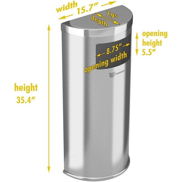 9 gal Half-Round Trash Can, Silver, Stainless Steel