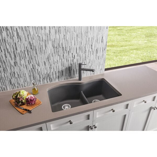 Diamond Silgranit 60/40 Double Bowl Undermount Kitchen Sink with Low Divide - Cinder