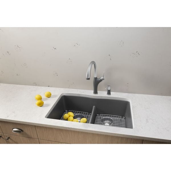 Diamond Silgranit 50/50 Double Bowl Undermount Kitchen Sink with Low Divide - Cinder